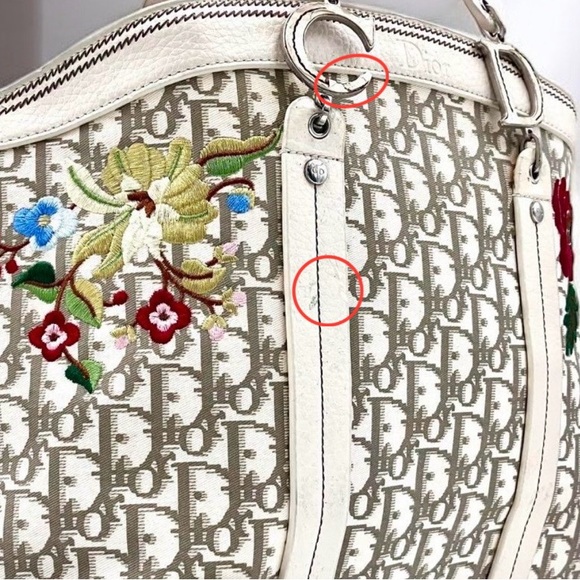 CHRISTIAN DIOR Beige Diorissimo Trotter Canvas Emb Flowers Monogram Bag FLAWS - Picture 5 of 16